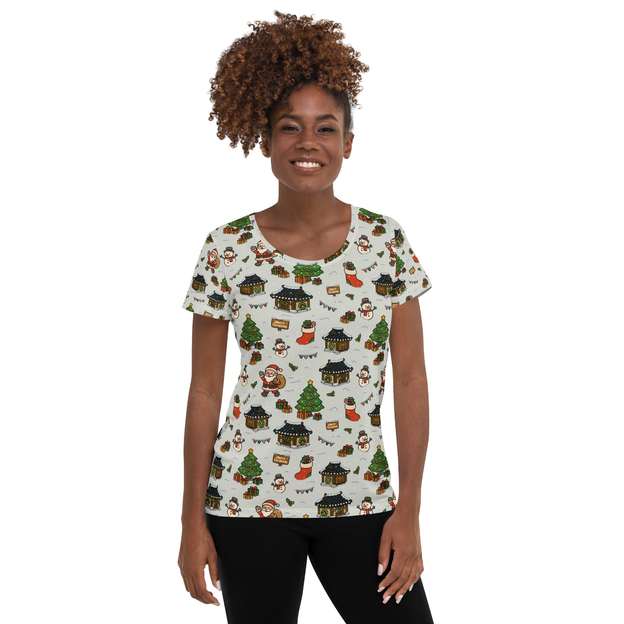 Women’s Christmas Village Athletic T-Shirt - Lightweight Moisture Wicking Workout Top With UPF 50+