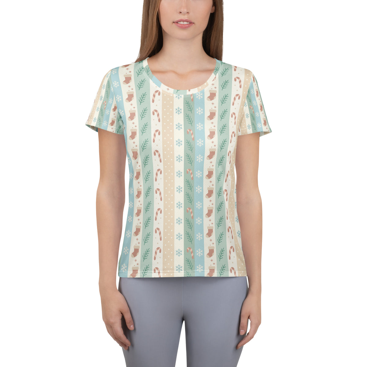 Women’s Striped Pastel Christmas Athletic T-Shirt - Lightweight Moisture Wicking Workout Top With UPF 50+