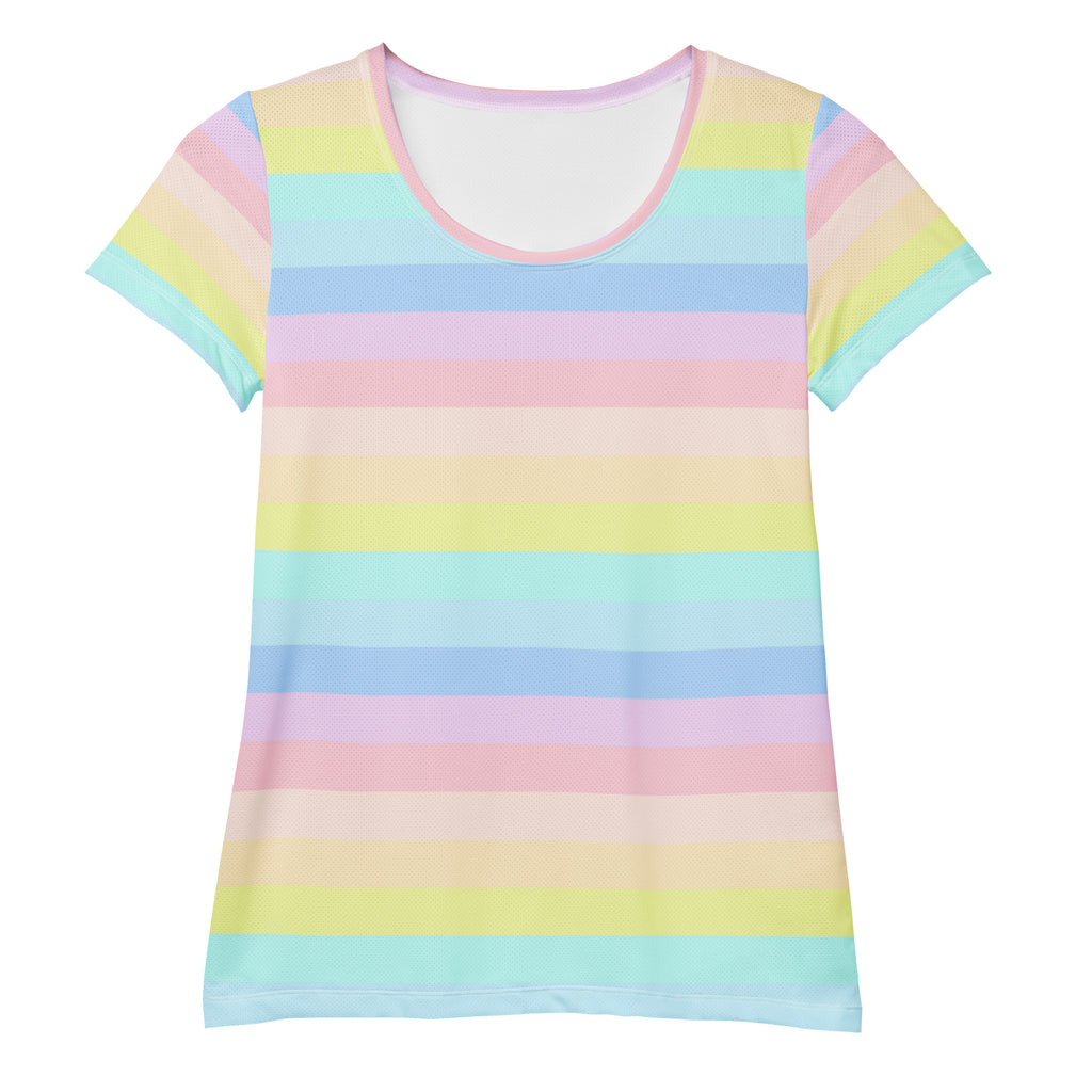 Women’s Pastel Rainbow Stripe Athletic T-Shirt - Lightweight Moisture Wicking Workout Top With UPF 50+