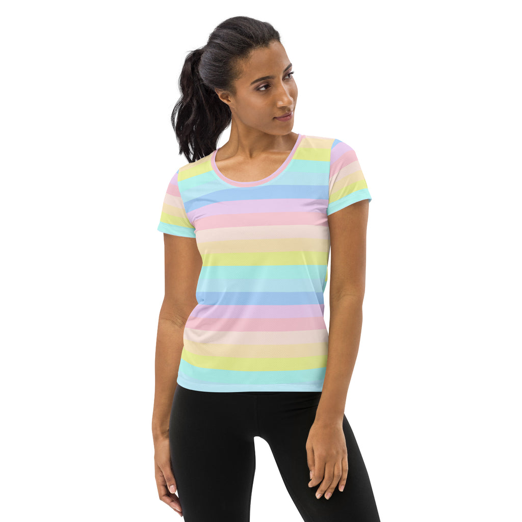 Women’s Pastel Rainbow Stripe Athletic T-Shirt - Lightweight Moisture Wicking Workout Top With UPF 50+