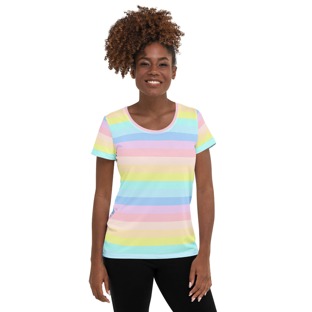 Women’s Pastel Rainbow Stripe Athletic T-Shirt - Lightweight Moisture Wicking Workout Top With UPF 50+