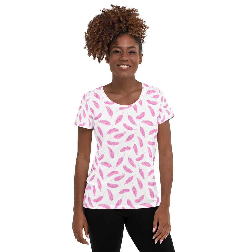 Women’s Pink Feather Athletic T-Shirt - Lightweight Moisture Wicking Workout Top With UPF 50+