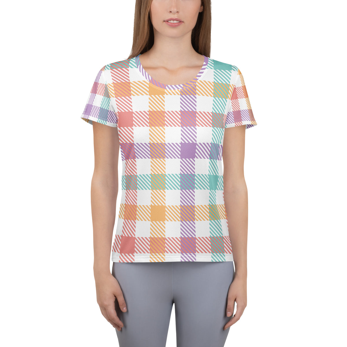 Women’s Pastel Plaid Athletic T-Shirt - Lightweight Moisture Wicking Workout Top With UPF 50+