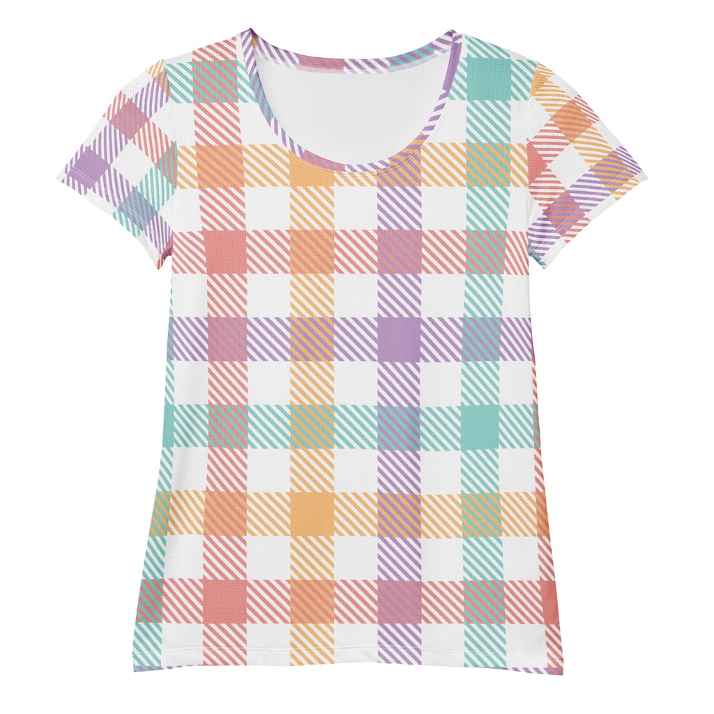 Women’s Pastel Plaid Athletic T-Shirt - Lightweight Moisture Wicking Workout Top With UPF 50+