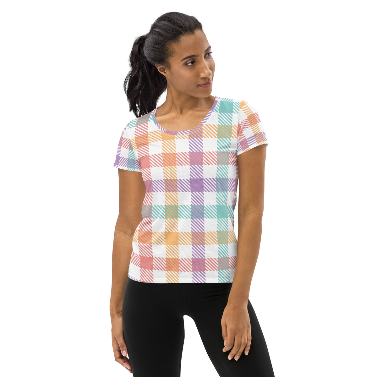 Women’s Pastel Plaid Athletic T-Shirt - Lightweight Moisture Wicking Workout Top With UPF 50+