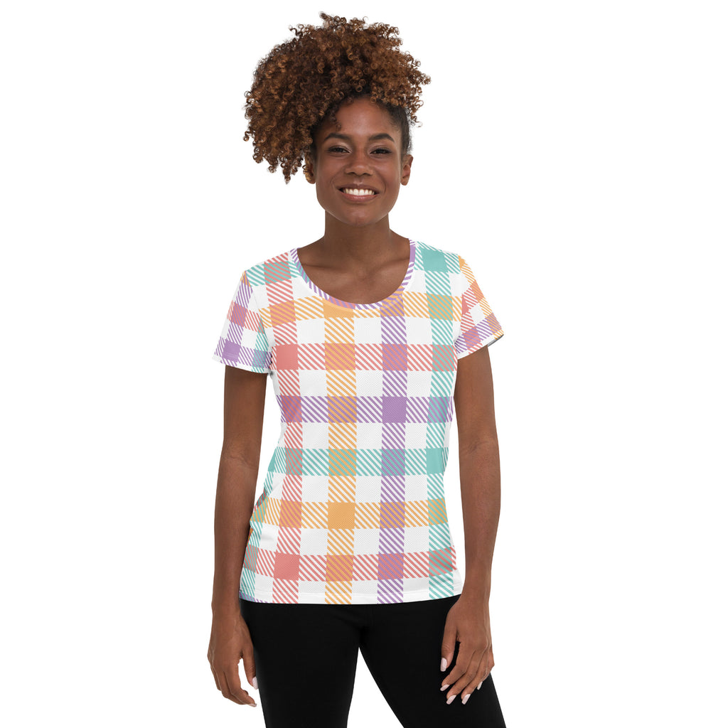 Women’s Pastel Plaid Athletic T-Shirt - Lightweight Moisture Wicking Workout Top With UPF 50+