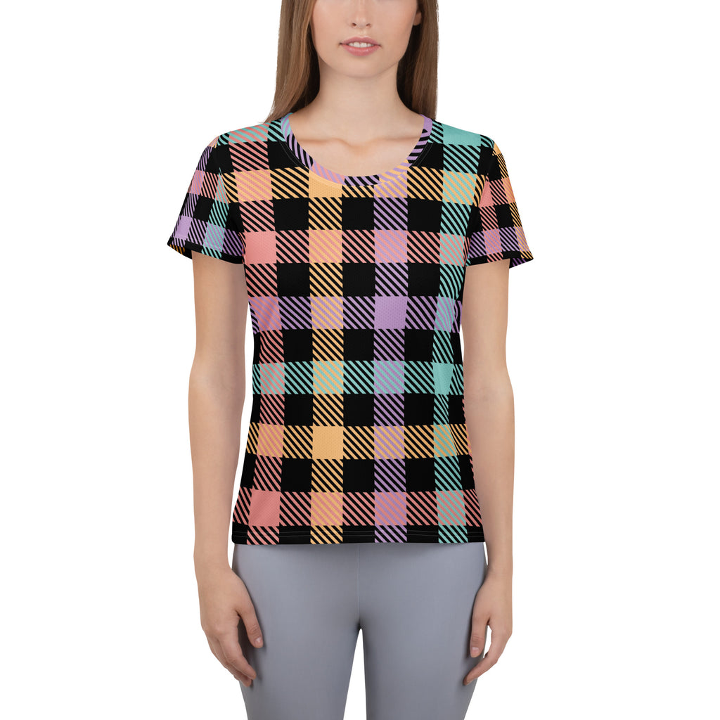 Women’s Black Pastel Plaid Athletic T-Shirt - Lightweight Moisture Wicking Workout Top With UPF 50+