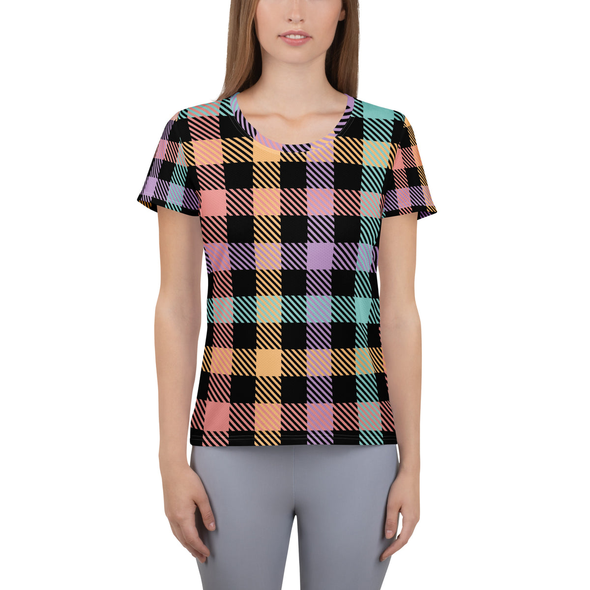 Women’s Black Pastel Plaid Athletic T-Shirt - Lightweight Moisture Wicking Workout Top With UPF 50+