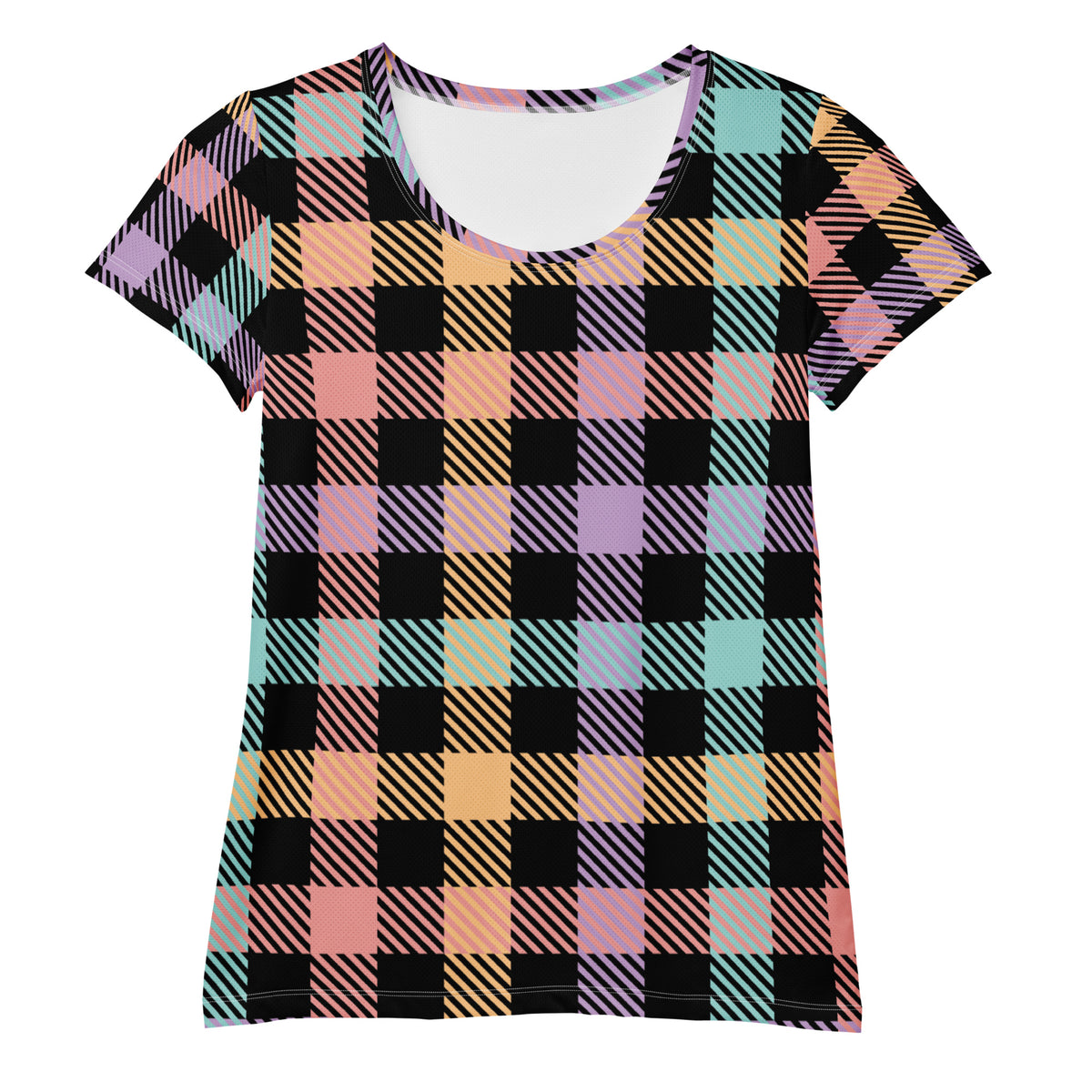 Women’s Black Pastel Plaid Athletic T-Shirt - Lightweight Moisture Wicking Workout Top With UPF 50+