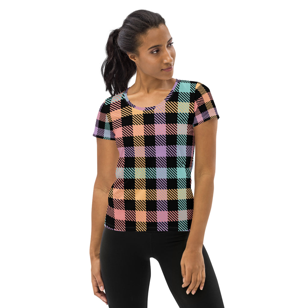 Women’s Black Pastel Plaid Athletic T-Shirt - Lightweight Moisture Wicking Workout Top With UPF 50+