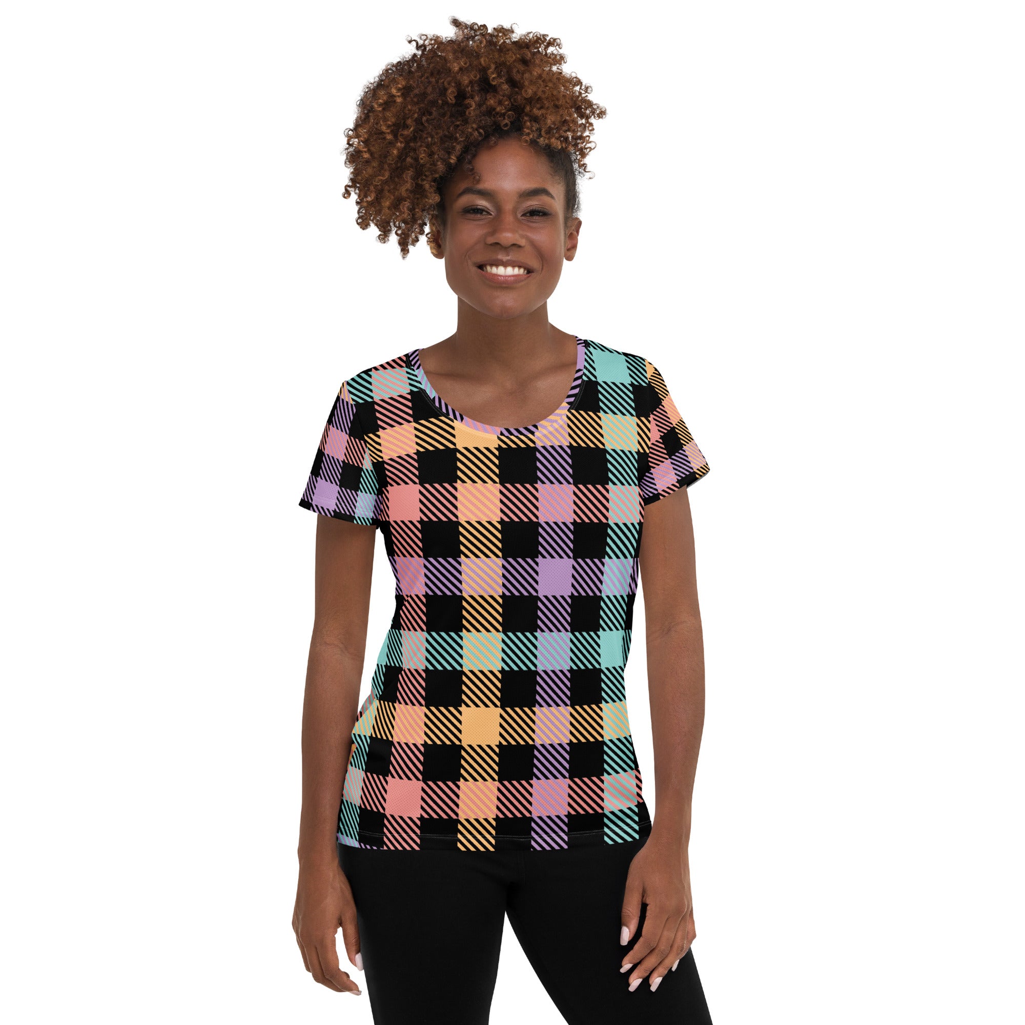 Women’s Black Pastel Plaid Athletic T-Shirt - Lightweight Moisture Wicking Workout Top With UPF 50+
