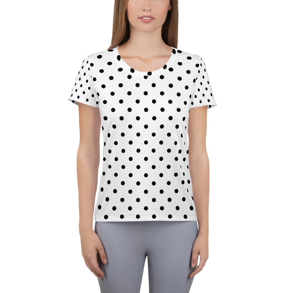 Women’s White Polka Dot Athletic T-Shirt - Lightweight Moisture Wicking Workout Top With UPF 50+