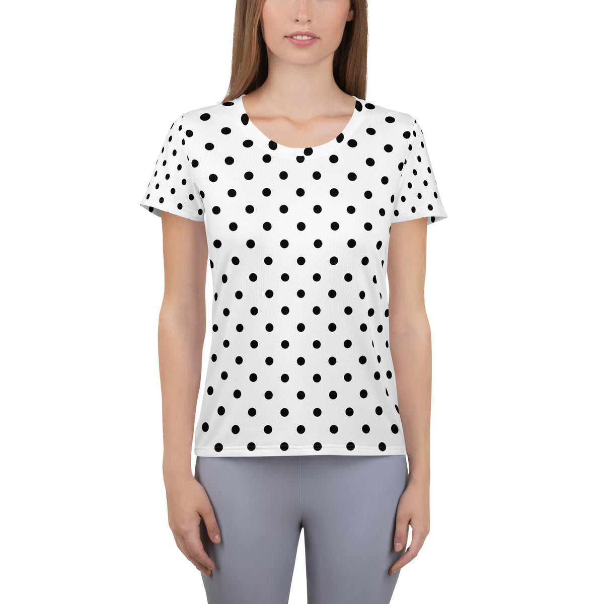 Women’s White Polka Dot Athletic T-Shirt - Lightweight Moisture Wicking Workout Top With UPF 50+