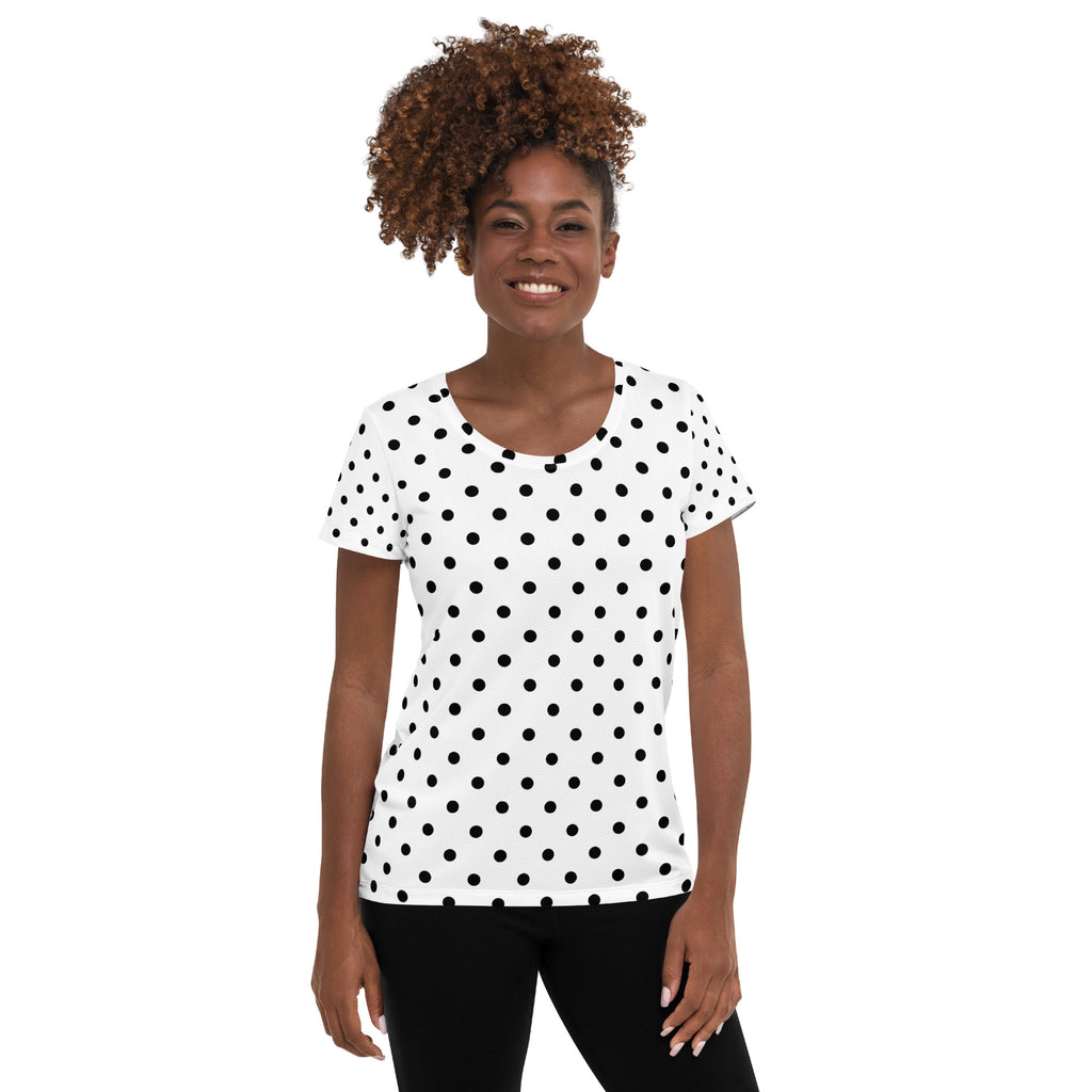 Women’s White Polka Dot Athletic T-Shirt - Lightweight Moisture Wicking Workout Top With UPF 50+
