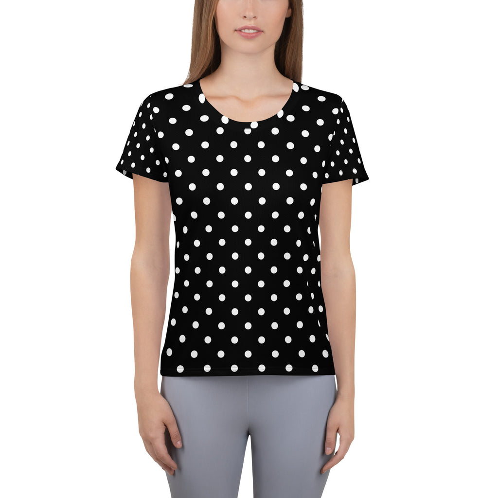 Women’s Black Polka Dot Athletic T-Shirt - Lightweight Moisture Wicking Workout Top With UPF 50+
