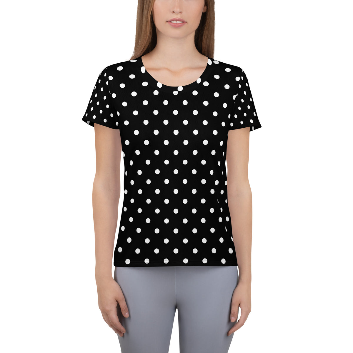 Women’s Black Polka Dot Athletic T-Shirt - Lightweight Moisture Wicking Workout Top With UPF 50+