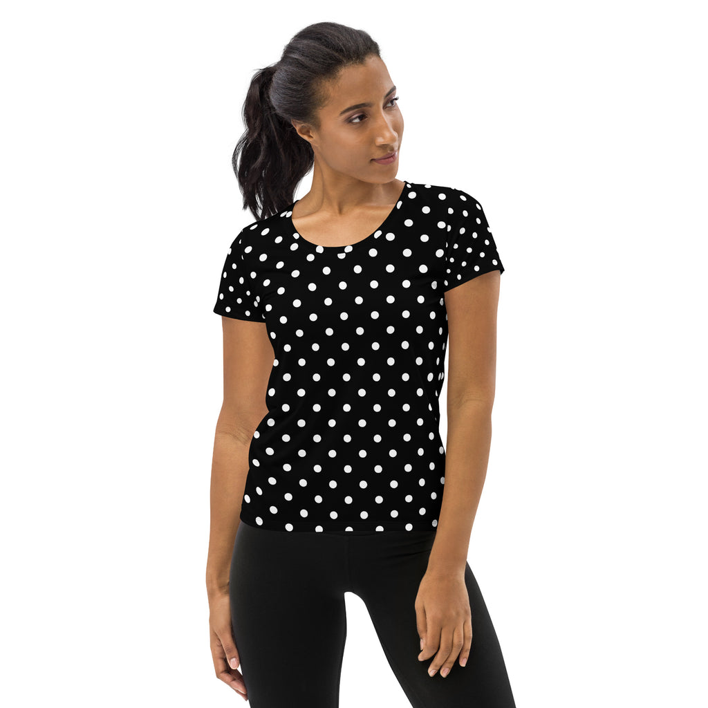 Women’s Black Polka Dot Athletic T-Shirt - Lightweight Moisture Wicking Workout Top With UPF 50+