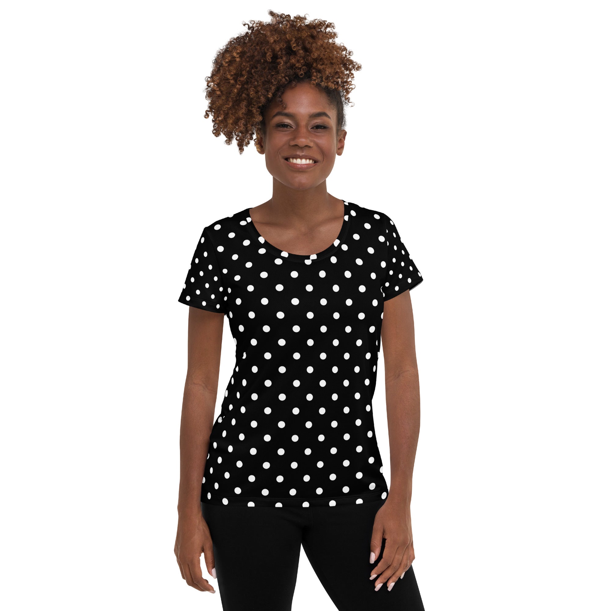 Women’s Black Polka Dot Athletic T-Shirt - Lightweight Moisture Wicking Workout Top With UPF 50+