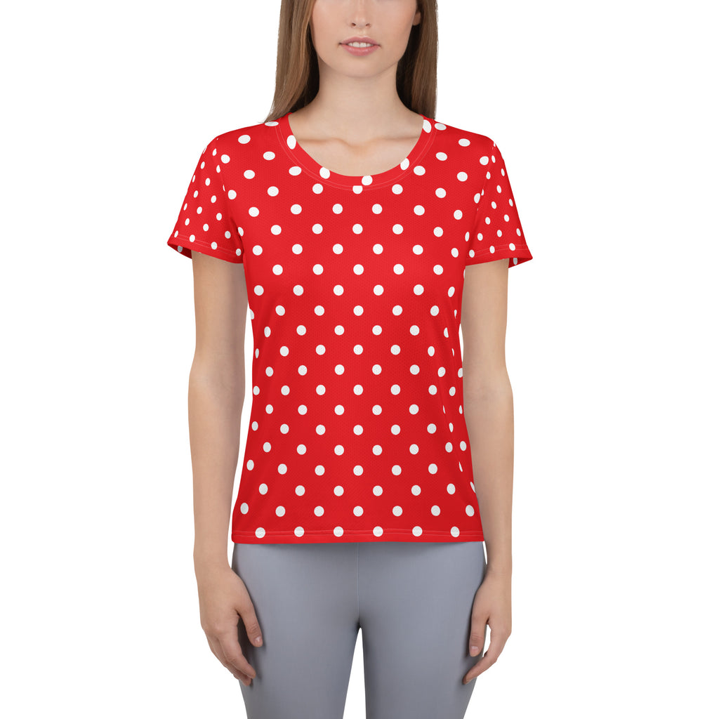 Women’s Red Polka Dot Athletic T-Shirt - Lightweight Moisture Wicking Workout Top With UPF 50+