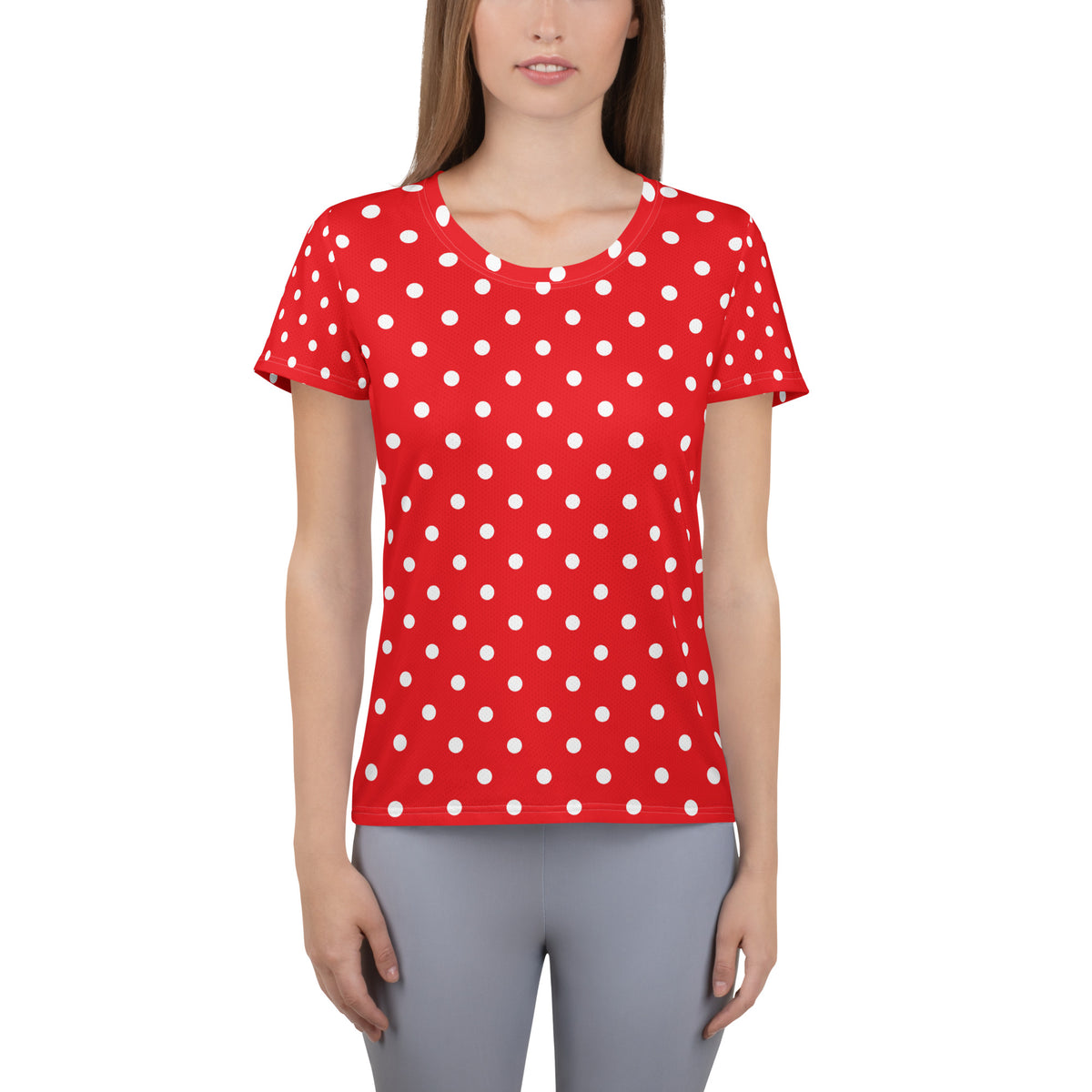Women’s Red Polka Dot Athletic T-Shirt - Lightweight Moisture Wicking Workout Top With UPF 50+