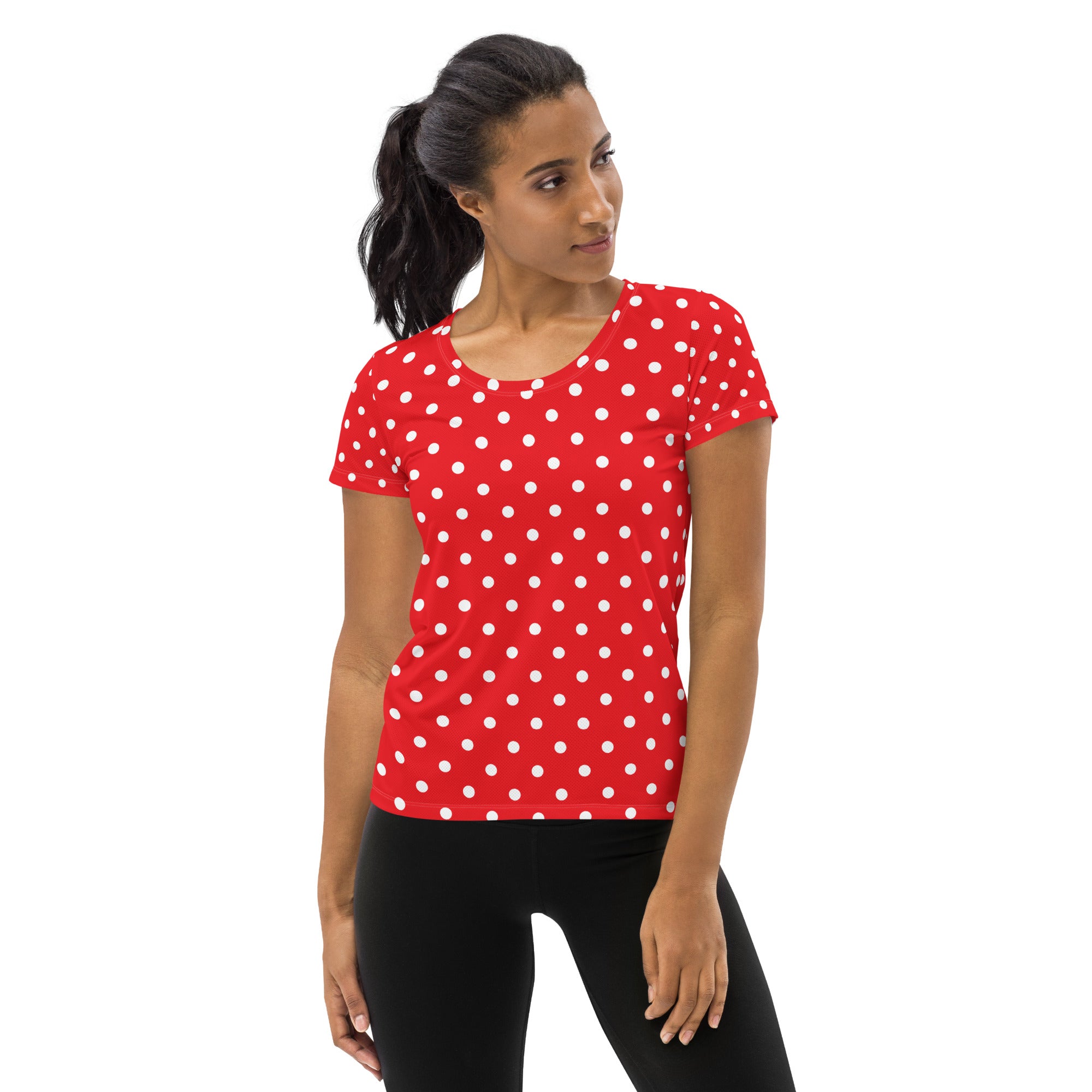 Women’s Red Polka Dot Athletic T-Shirt - Lightweight Moisture Wicking Workout Top With UPF 50+