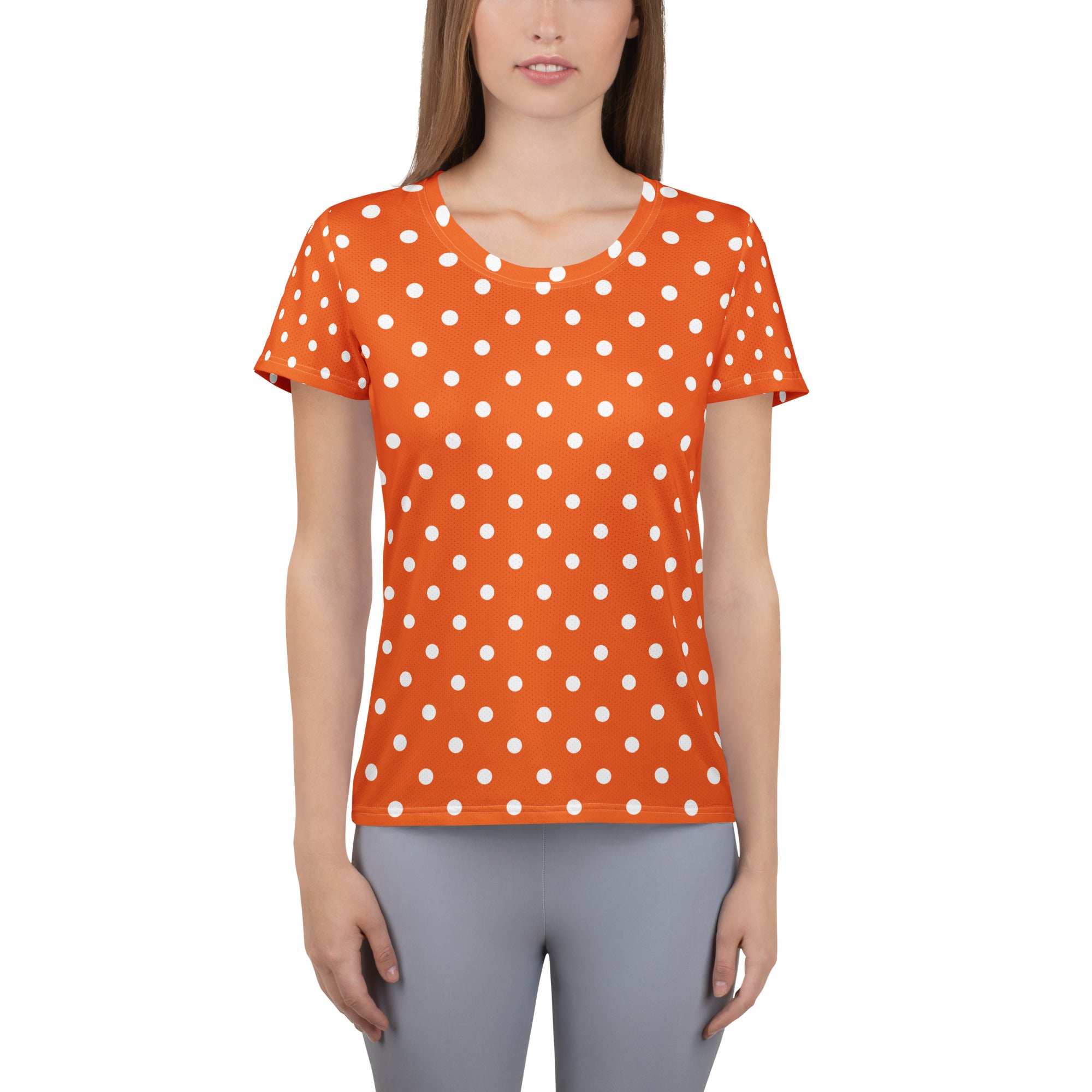 Women’s Orange Polka Dot Athletic T-Shirt - Lightweight Moisture Wicking Workout Top With UPF 50+