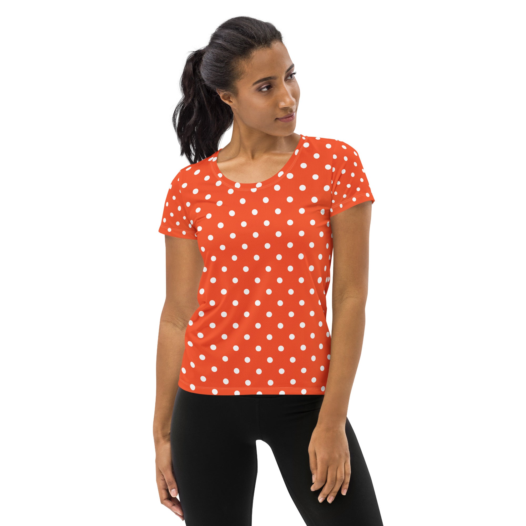 Women’s Bright Orange Polka Dot Athletic T-Shirt - Lightweight Moisture Wicking Workout Top With UPF 50+