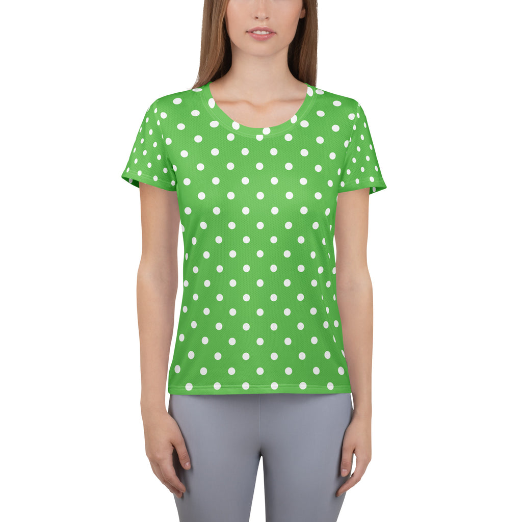 Women’s Green Polka Dot Athletic T-Shirt - Lightweight Moisture Wicking Workout Top With UPF 50+