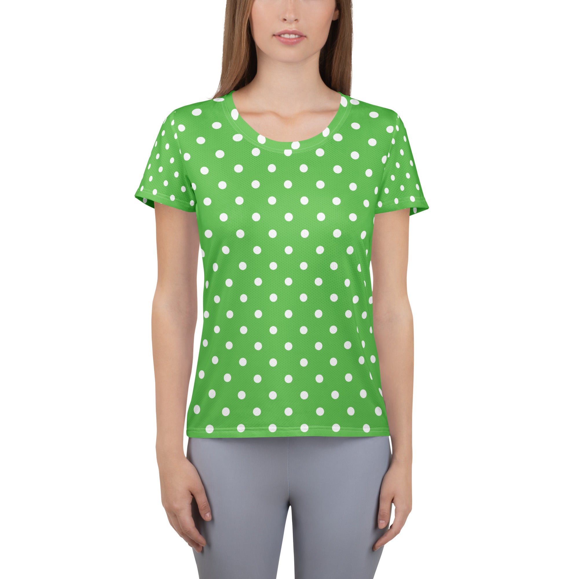 Women’s Green Polka Dot Athletic T-Shirt - Lightweight Moisture Wicking Workout Top With UPF 50+