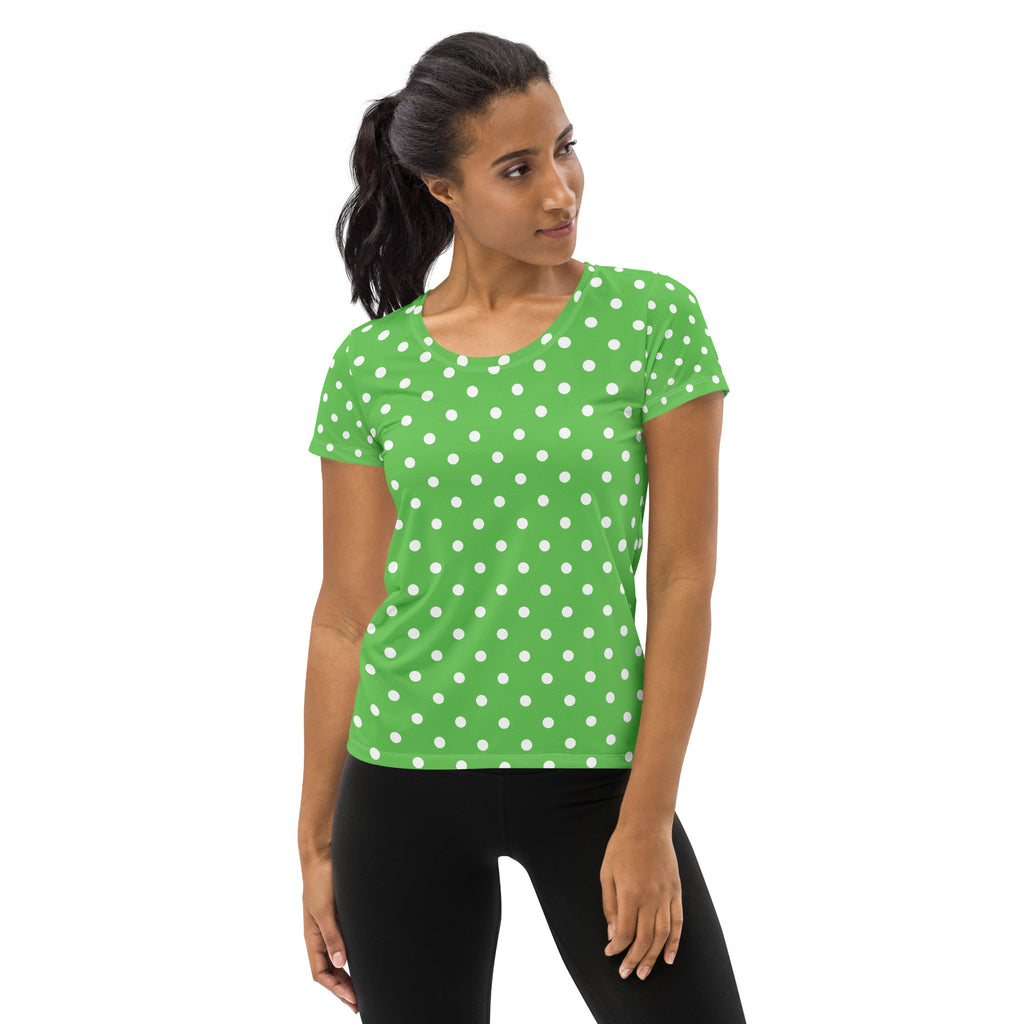 Women’s Green Polka Dot Athletic T-Shirt - Lightweight Moisture Wicking Workout Top With UPF 50+