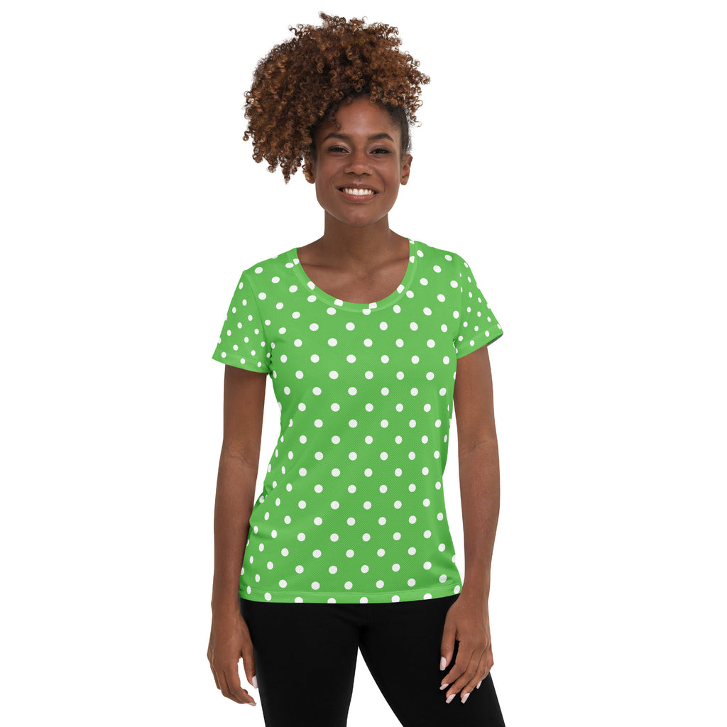 Women’s Green Polka Dot Athletic T-Shirt - Lightweight Moisture Wicking Workout Top With UPF 50+