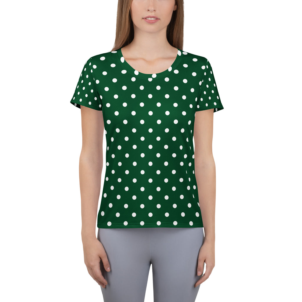 Women’s Forest Green Polka Dot Athletic T-Shirt - Lightweight Moisture Wicking Workout Top With UPF 50+