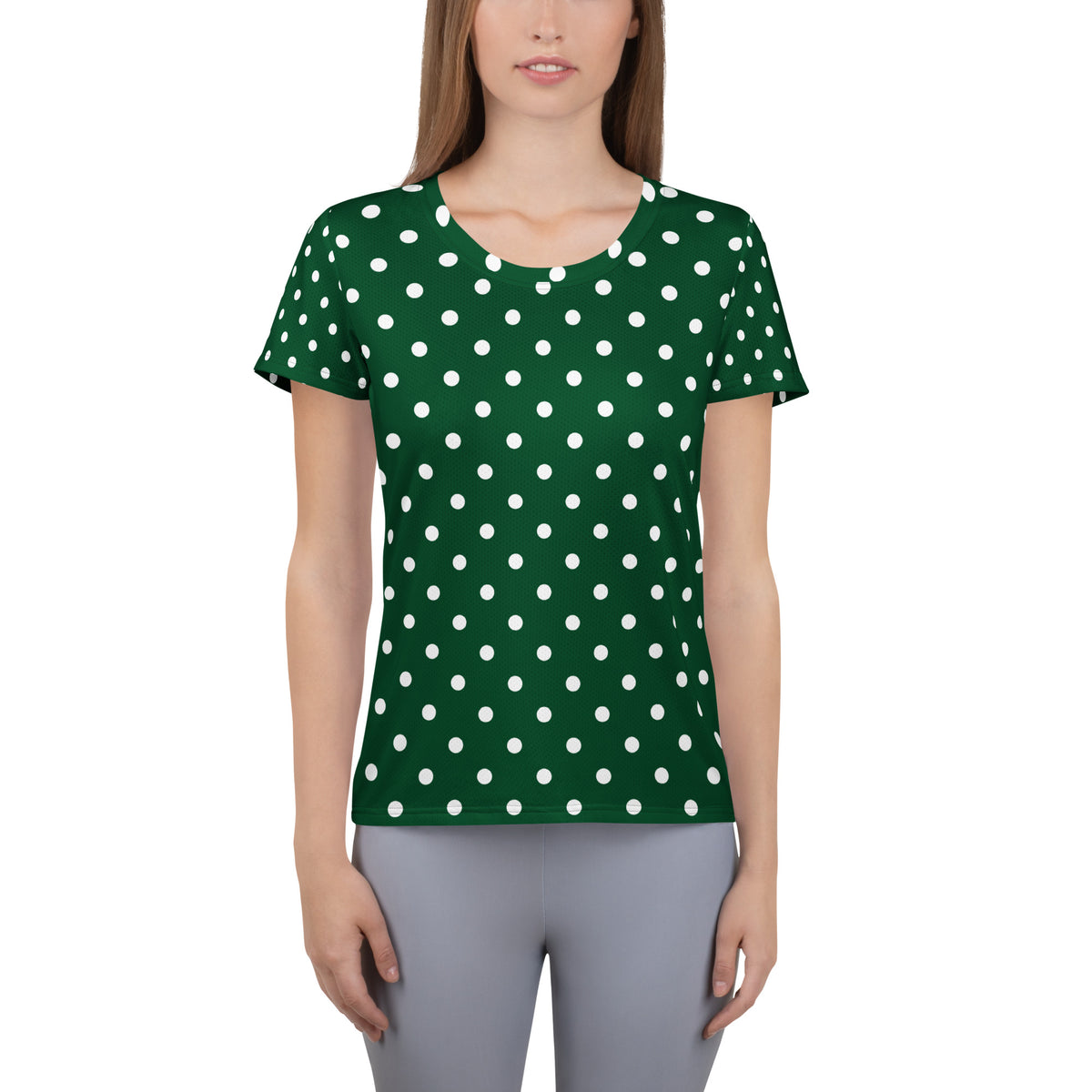 Women’s Forest Green Polka Dot Athletic T-Shirt - Lightweight Moisture Wicking Workout Top With UPF 50+