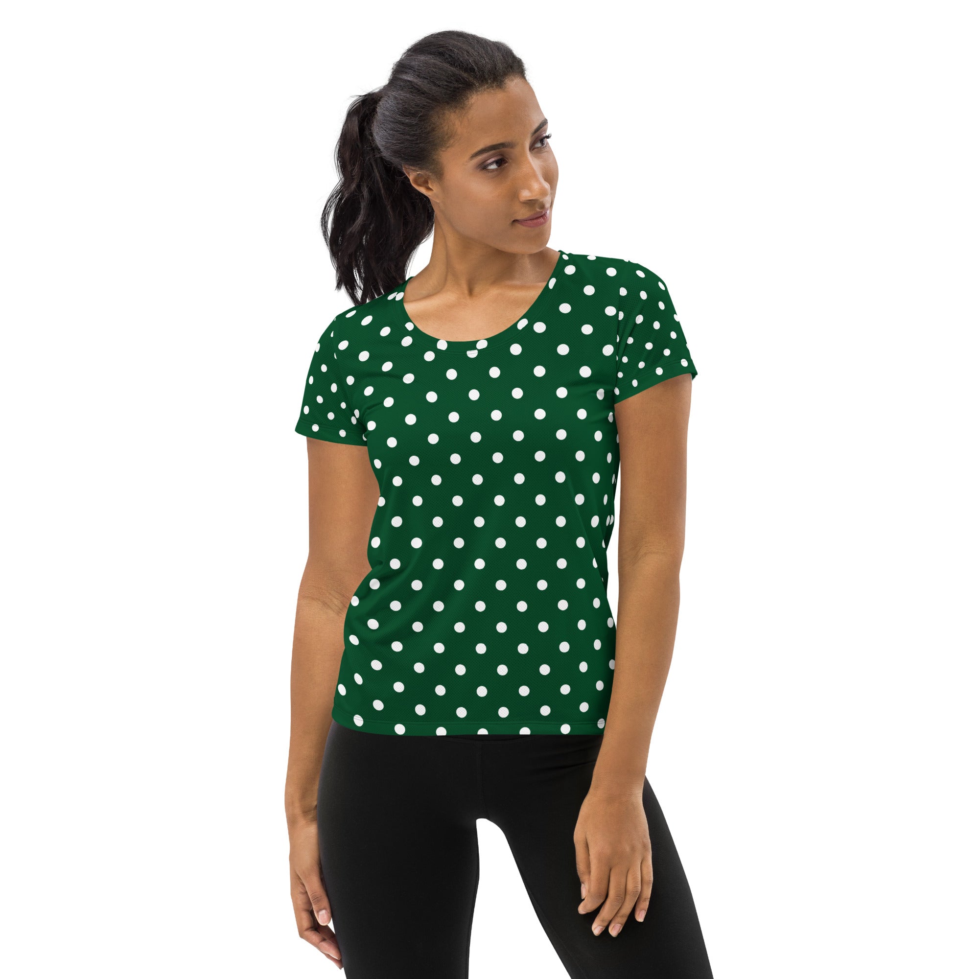 Women’s Forest Green Polka Dot Athletic T-Shirt - Lightweight Moisture Wicking Workout Top With UPF 50+