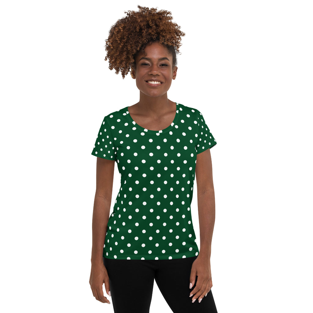 Women’s Forest Green Polka Dot Athletic T-Shirt - Lightweight Moisture Wicking Workout Top With UPF 50+
