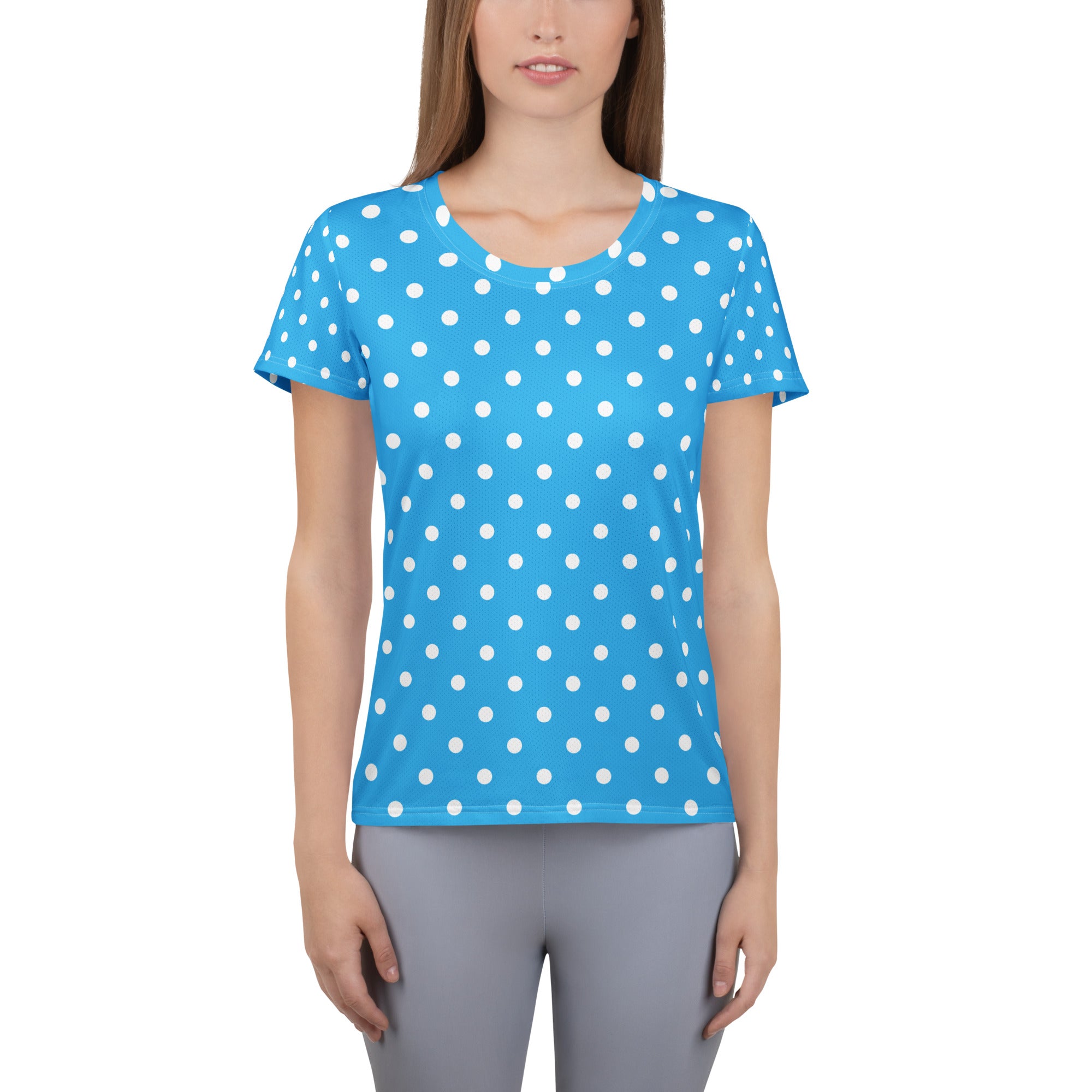 Women’s Light Blue Polka Dot Athletic T-Shirt - Lightweight Moisture Wicking Workout Top With UPF 50+
