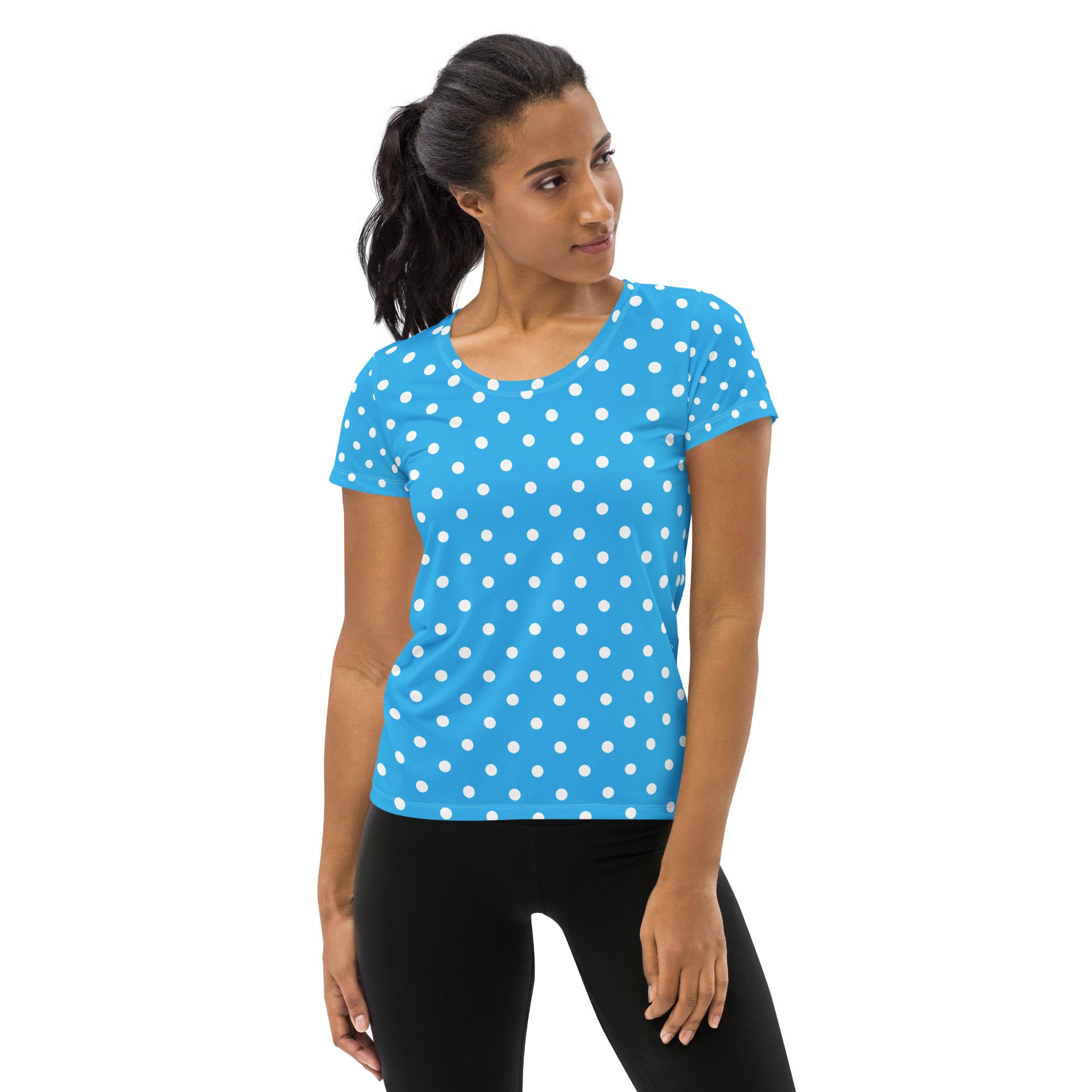 Women’s Light Blue Polka Dot Athletic T-Shirt - Lightweight Moisture Wicking Workout Top With UPF 50+