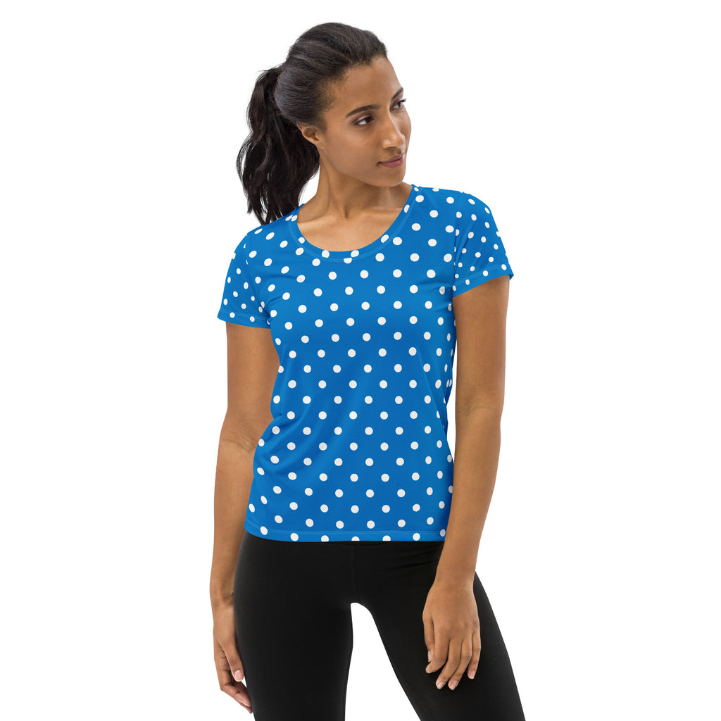 Women’s Royal Blue Polka Dot Athletic T-Shirt - Lightweight Moisture Wicking Workout Top With UPF 50+