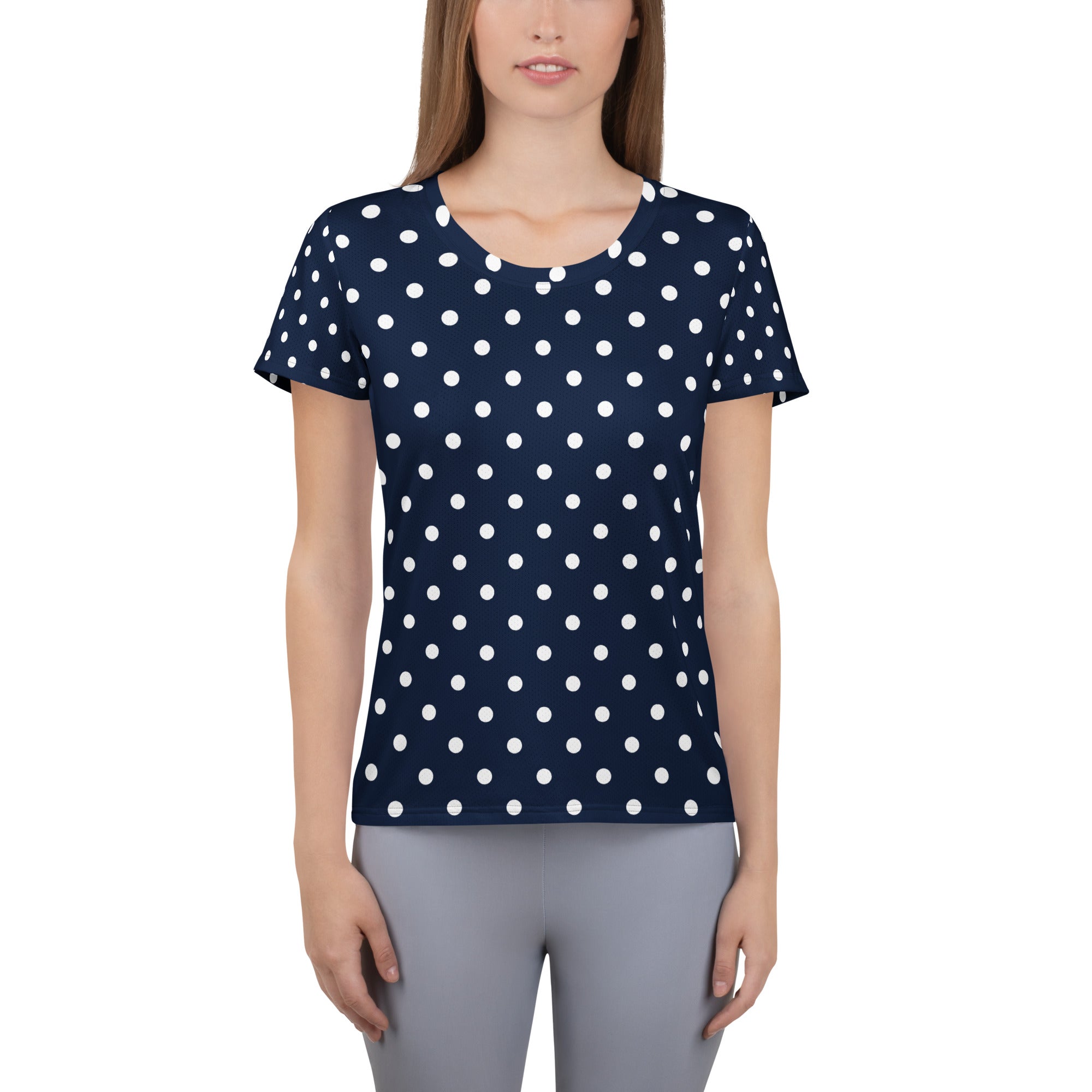 Women’s Navy Blue Polka Dot Athletic T-Shirt - Lightweight Moisture Wicking Workout Top With UPF 50+