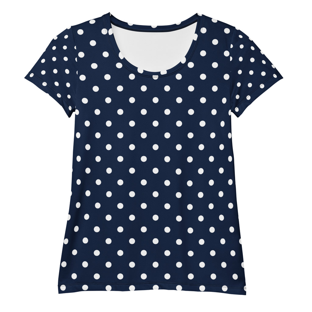 Women’s Navy Blue Polka Dot Athletic T-Shirt - Lightweight Moisture Wicking Workout Top With UPF 50+