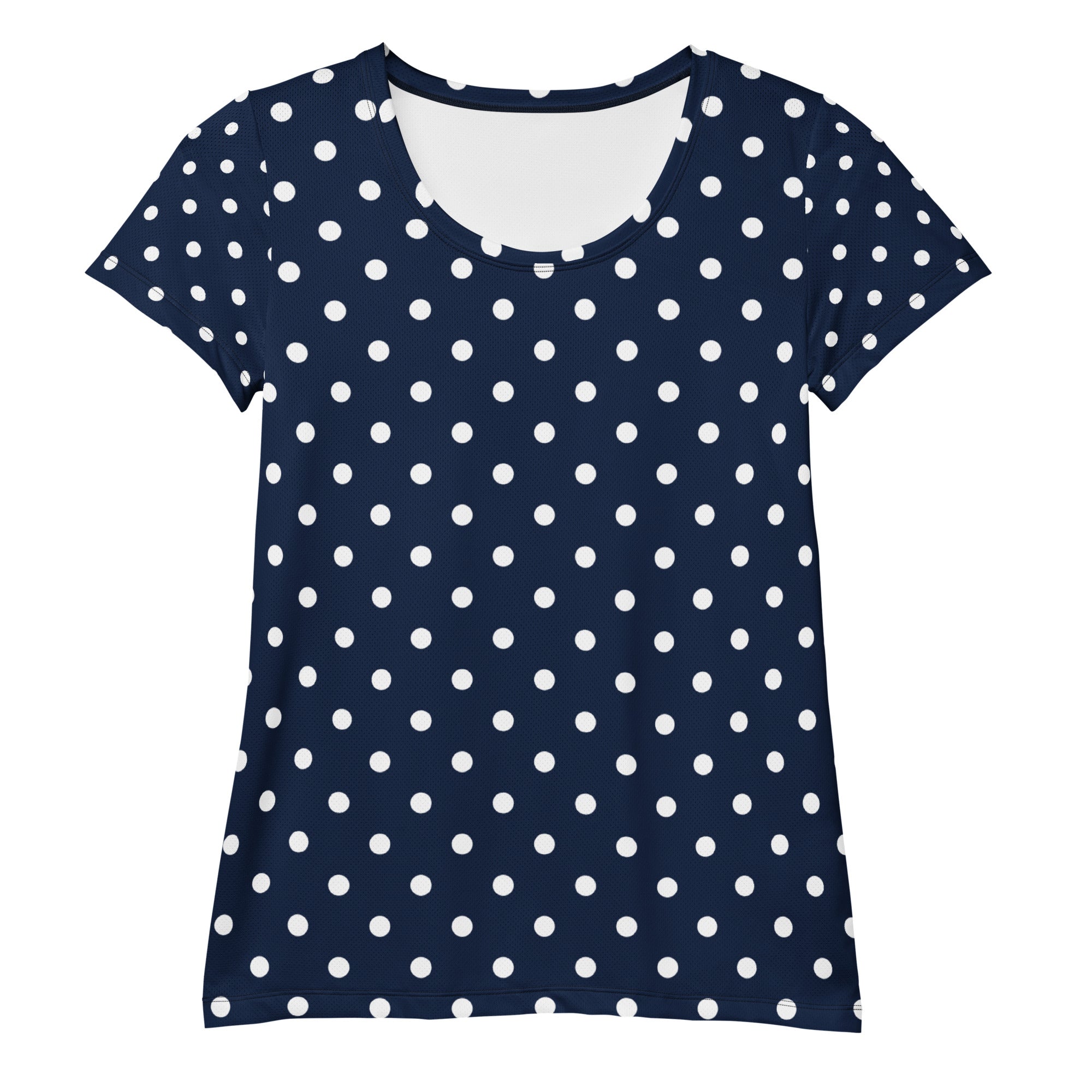Women’s Navy Blue Polka Dot Athletic T-Shirt - Lightweight Moisture Wicking Workout Top With UPF 50+