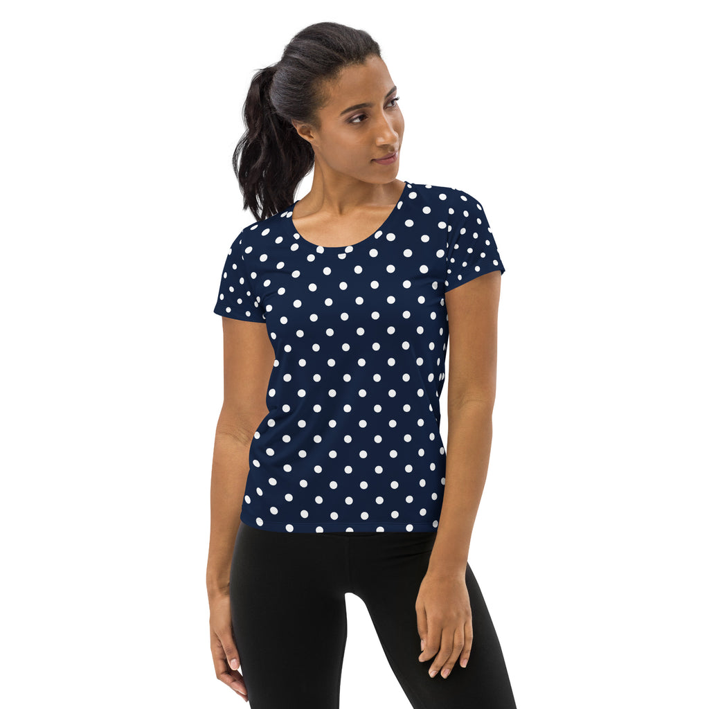 Women’s Navy Blue Polka Dot Athletic T-Shirt - Lightweight Moisture Wicking Workout Top With UPF 50+