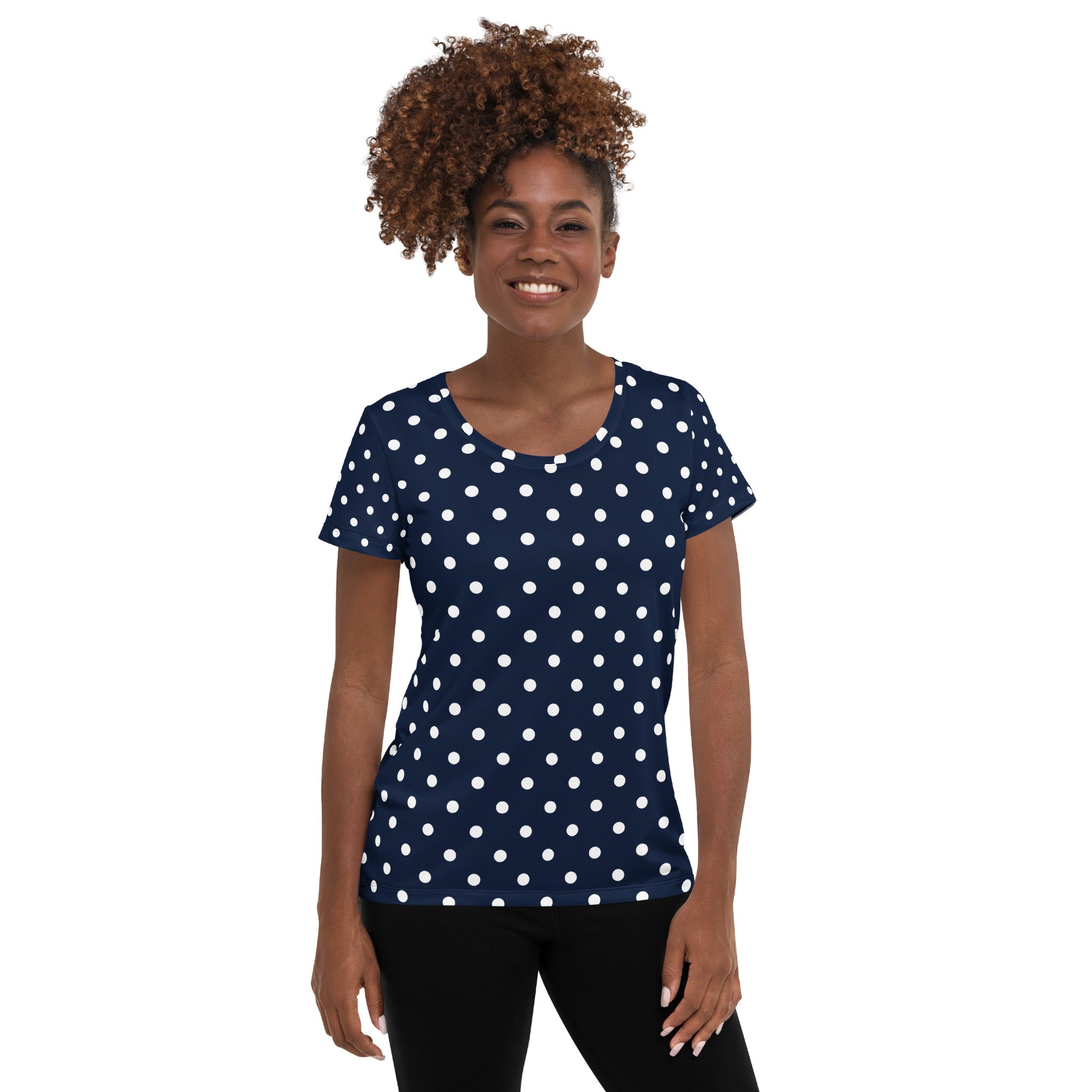 Women’s Navy Blue Polka Dot Athletic T-Shirt - Lightweight Moisture Wicking Workout Top With UPF 50+