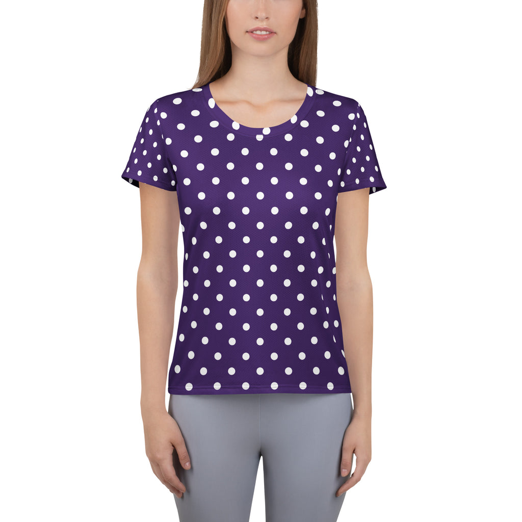 Women’s Dark Purple Polka Dot Athletic T-Shirt - Lightweight Moisture Wicking Workout Top With UPF 50+
