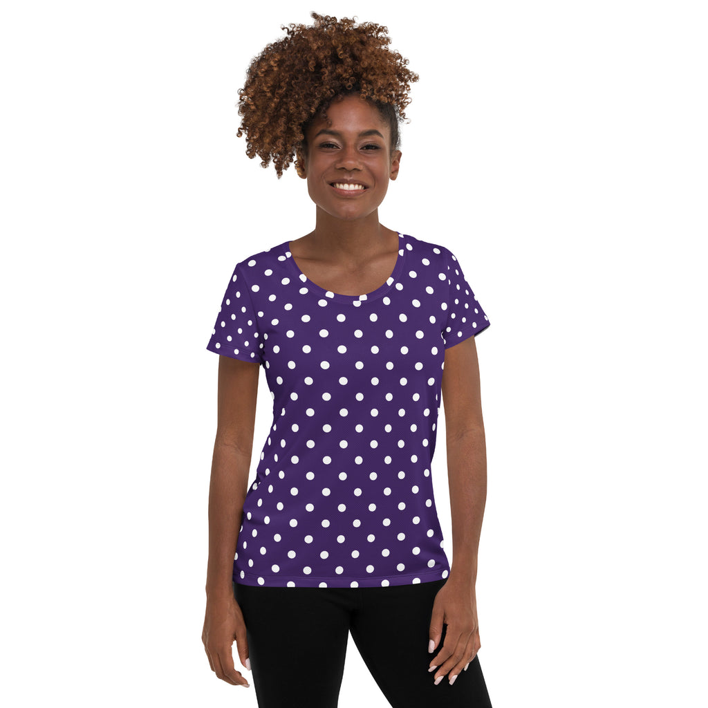 Women’s Dark Purple Polka Dot Athletic T-Shirt - Lightweight Moisture Wicking Workout Top With UPF 50+