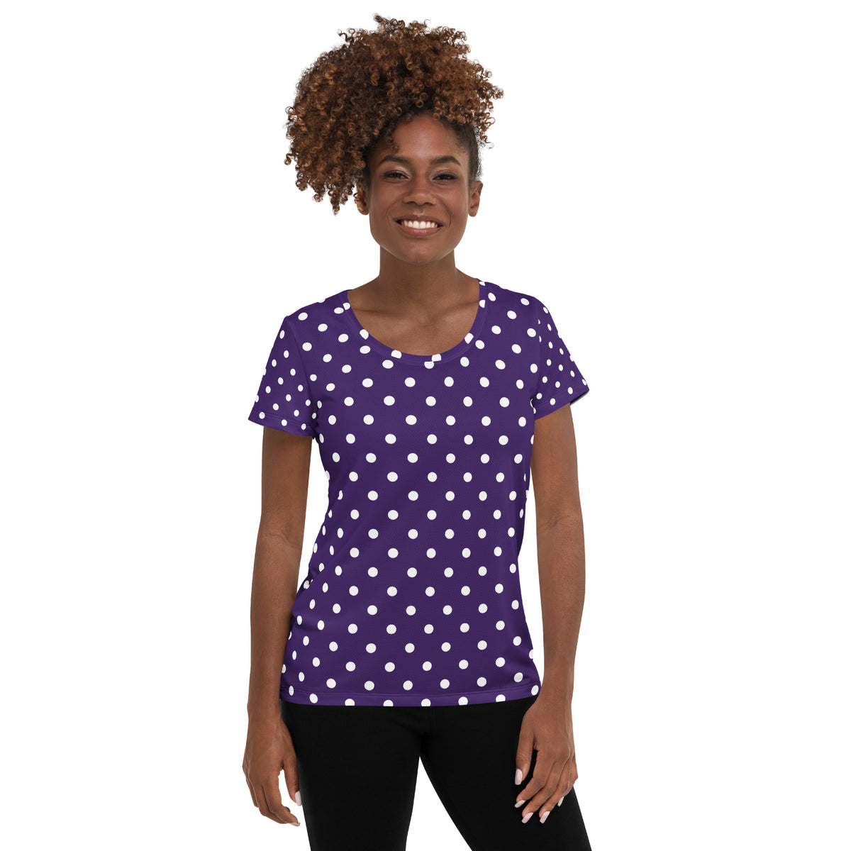 Women’s Dark Purple Polka Dot Athletic T-Shirt - Lightweight Moisture Wicking Workout Top With UPF 50+