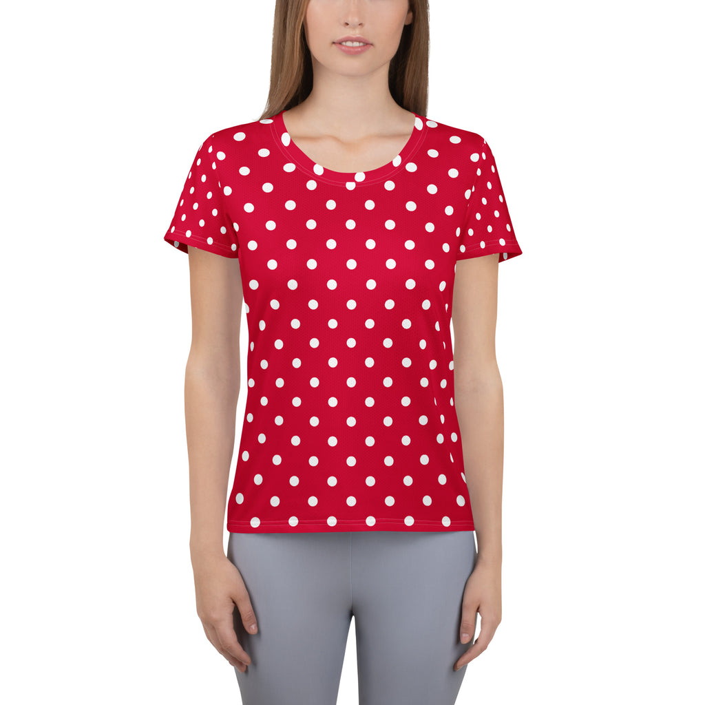 Women’s Crimson Red Polka Dot Athletic T-Shirt - Lightweight Moisture Wicking Workout Top With UPF 50+