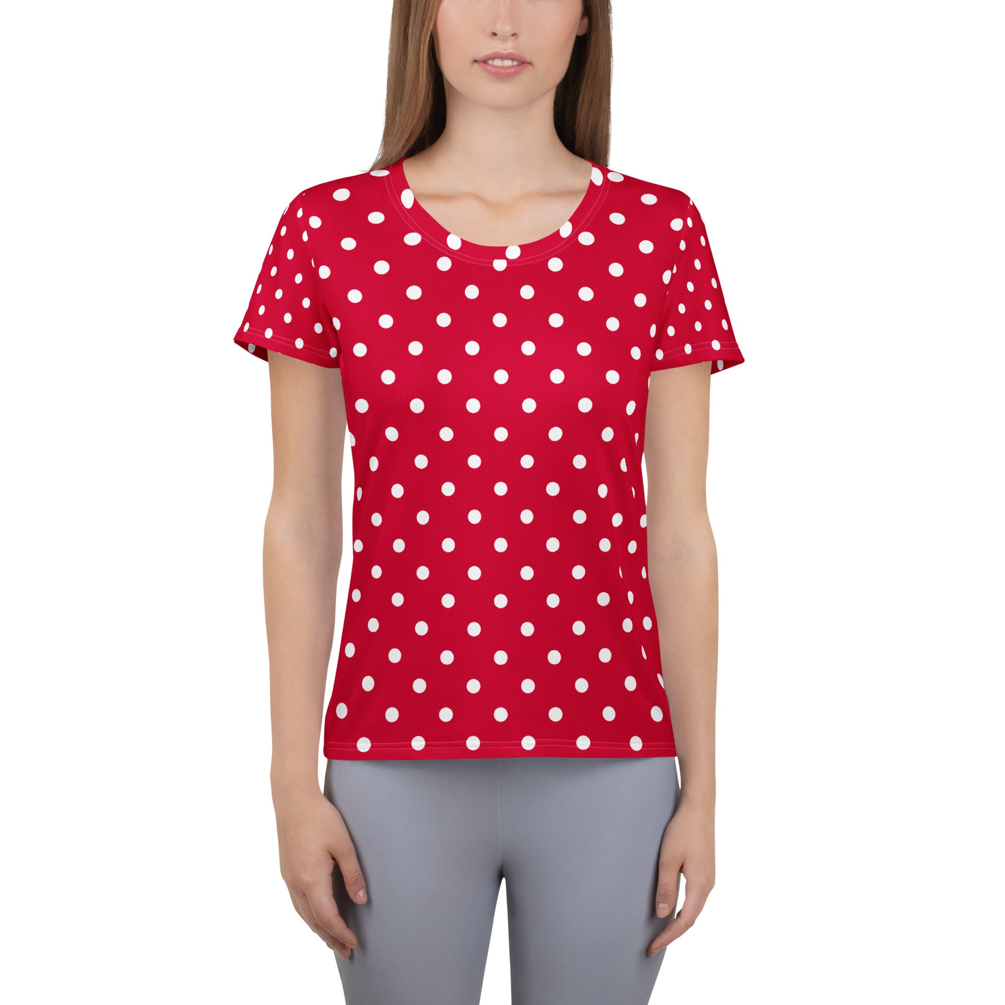 Women’s Crimson Red Polka Dot Athletic T-Shirt - Lightweight Moisture Wicking Workout Top With UPF 50+