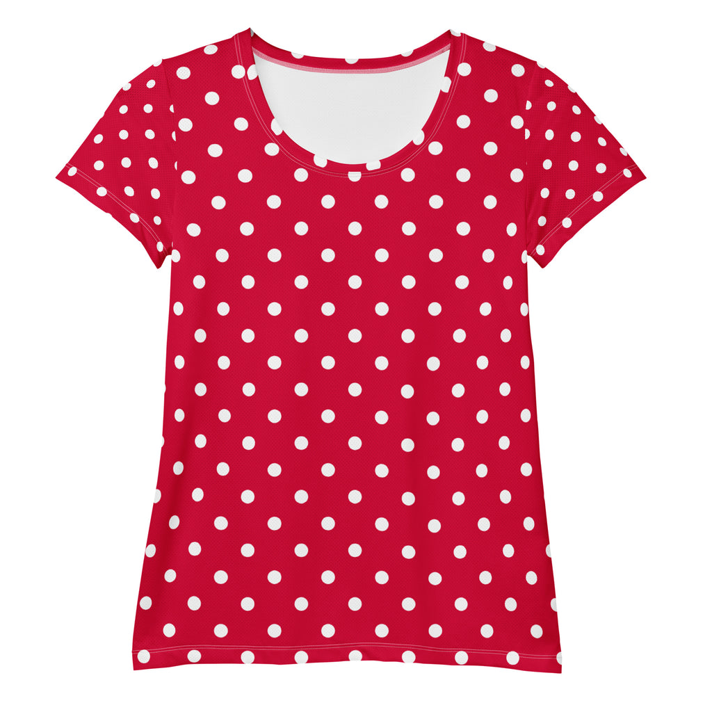 Women’s Crimson Red Polka Dot Athletic T-Shirt - Lightweight Moisture Wicking Workout Top With UPF 50+