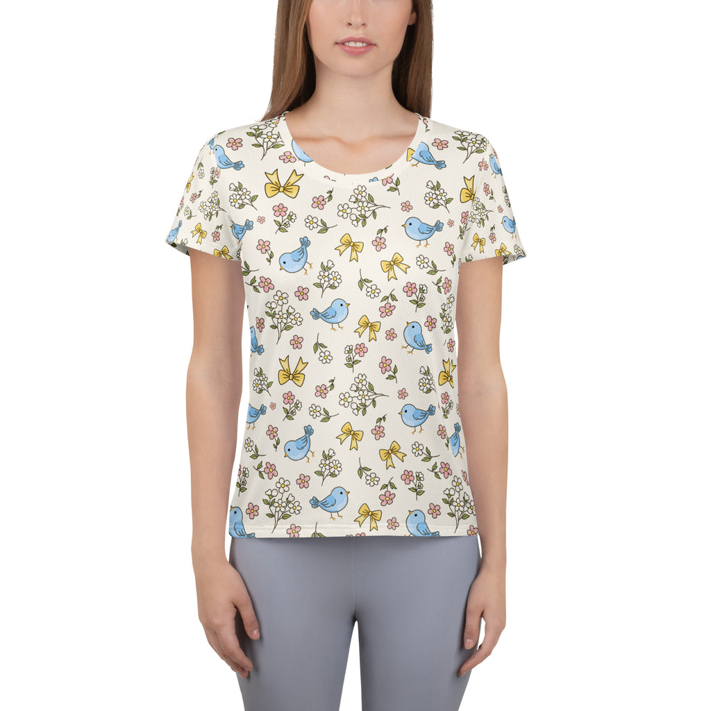 Women’s Blue Bird & Wildflower Athletic T-Shirt - Lightweight Moisture Wicking Workout Top With UPF 50+